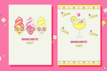 Bridal shower invitation cards in retro groovy style Vintage bachelorette party invite Templates for your design.