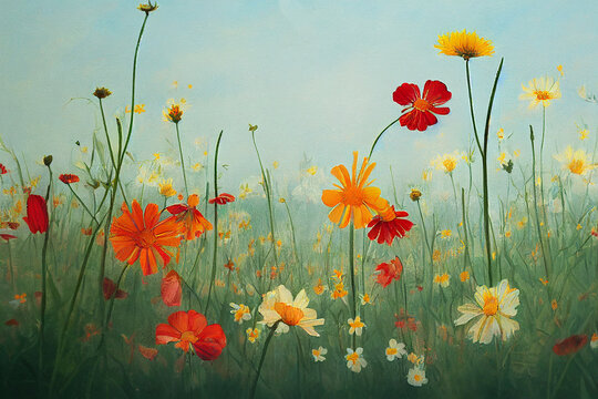 Flowers in the grass, Colorful flower meadow in spring, AI generated