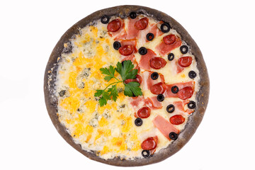pizzaa two hits sparmesan, dorblu, gouda, shank, mislivski kovbaski, bacon, black olives, mozzarella, top sauce for online restaurant menu on a white background