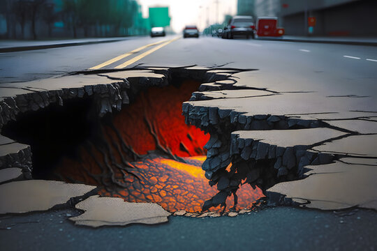Large crack in the middle of a city street with red-hot lava at the bottom from the bowels of the earth, a volcanic eruption. Generative AI