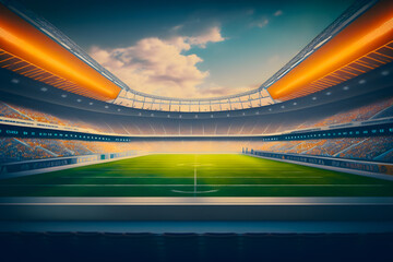 Fototapeta na wymiar Daytime view of an empty American football stadium ahead of the game, no spectators. Generative AI