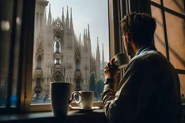 Man traveler drinking morning cup coffee overlooking the city view Milan Italy, Milano Duomo Cathedral from an open hotel window. Generative AI - obrazy, fototapety, plakaty