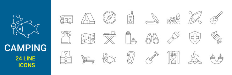 Set of 24 line icons camping. camp, tools, adventure, trekking. related to outdoor, Editable stroke Vector illustration. Outline icon collection