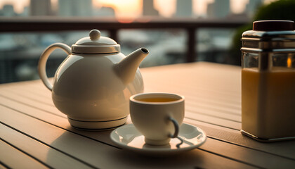 A cup of tea and tea kettle on the table in a cafe