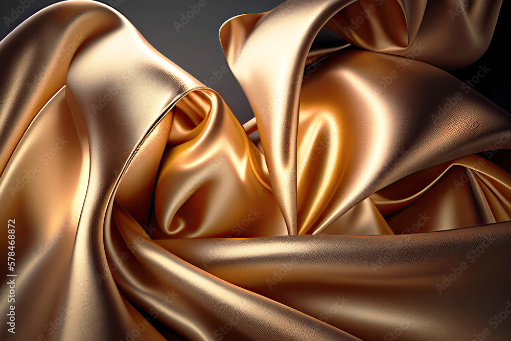 Poster golden colored silk surface with folds. abstract background. textile surface with waves and wrinkles