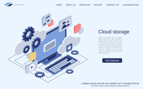 Cloud data storage, data backup, synchronization flat 3d isometric vector concept illustration