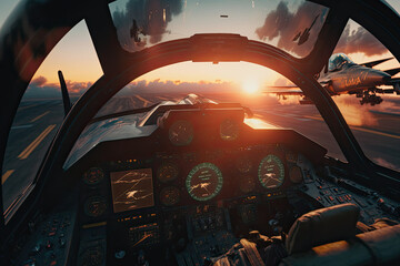 Jet fighter cockpit at sunset. Military aviation. Created with Generative AI