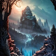 Legendary Fantasy Mountain Landscape With Waterfall Illustration - Generative A.I. Art