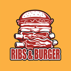 Ribs & Burger Logo Design. Grilled Ribs Logo. Burger Logo