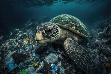 Obraz na płótnie Canvas Ocean pollution concept. Turtle under water in sea and plastic waste. Problem in environmental system. Created with Generative AI