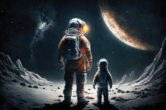 Astronauts in space suits on unknown planet surface. Father and son astronauts exploring space. Created with generative ai