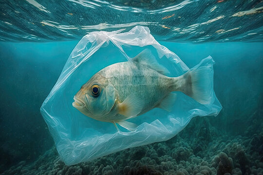 Ocean pollution concept. Fish under water in sea and plastic waste. Problem in environmental system. Created with Generative AI