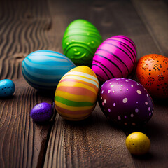Fototapeta na wymiar Colorful easter eggs on wood table close up