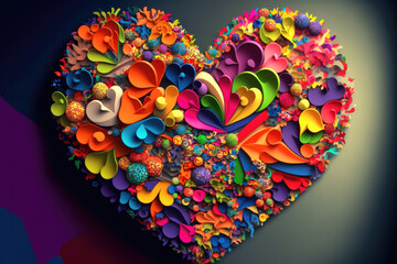 Bursting with Love. Cheerful collage of colorful Hears. Generative Ai.
