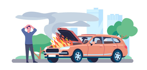 Car on fire. Flame and smoke billowing from under hood. Burning automobile motor. Upset man driver. Road accident. Vehicle insurance. Transport safety. Engine blazing. Vector concept