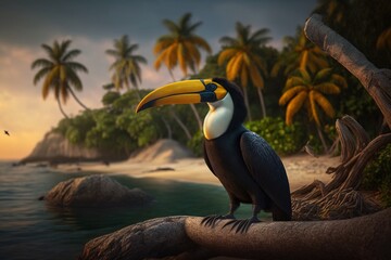 toucan on the beach looking deeply to the ocean isolated island