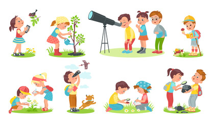 Children study nature. Outdoor lessons. Kids learn world. Curious boys and girls. Young naturalists observe phenomena. Teenagers planting trees and exploring animals. Splendid vector set