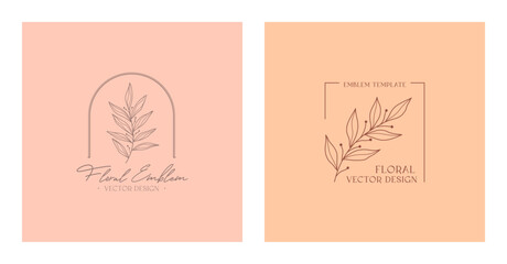 Vector feminine floral emblems.Elegant  logo designs with linear branches and frames.Modern botanical badges in trendy minimalist style.Branding boho design templates.