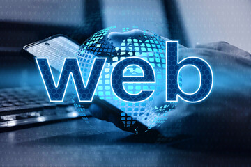 Hands businessman using web hologram with digital earth.