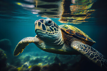Turtle underwater in the sea. Sea Turtle swims underwater. Green sea turtles, Tenerife in the Canary Islands, Generative AI illustration.