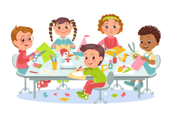 Cute kids paper crafts. Students group sitting at common table. Happy children cut and fold colored pages. Boys and girls glue applique. Kindergarten lesson. Splendid vector concept