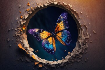 monarch butterfly aesthetic blue and orange going through a hole 