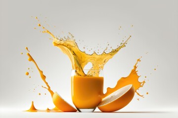 Naklejka na ściany i meble Orange juice in a glass. Creative levitation food white background. AI generation