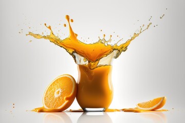 Naklejka na ściany i meble Orange juice in a glass. Creative levitation food white background. AI generation