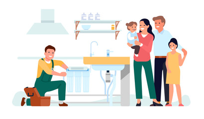 Employee is installing water filter in house for family. Aqua purification. Plumber repairs sewage in kitchen. Cleaning equipment. Happy parents and kids. Liquid filtration. Vector concept