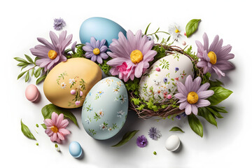 Easter decoration. Easter composition with colored eggs and flowers on white background. Generative AI