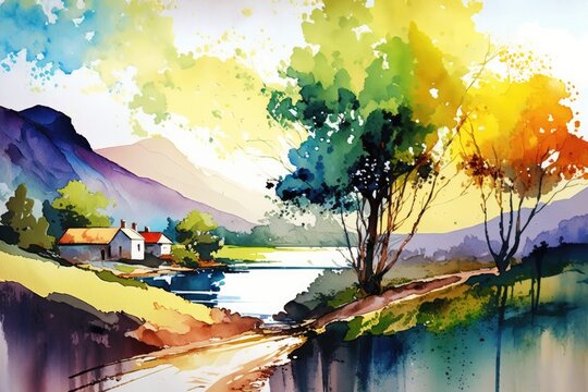 Colorful summer landscape with river and houses. Watercolor painting.
Generative AI art.