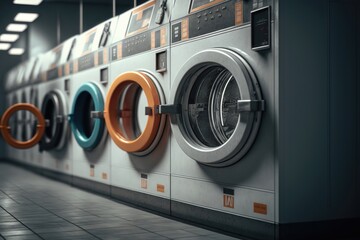 Public laundry with washing machines in a row. AI Generation