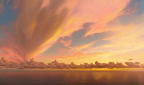  a painting of a sunset over the ocean with clouds in the sky.  generative ai