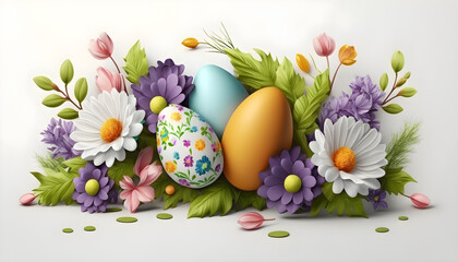 Obraz na płótnie Canvas Easter decoration. Easter composition with colored eggs and flowers on white background. Generative AI