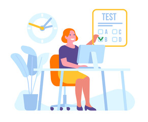 Girl chooses right answer in test. Online survey. Woman sitting at table. Web examination. Female solving quiz by computer. Internet questionnaire. Digital technology. Vector concept