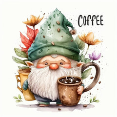 Garden gnome with coffee mug and flowers watercolor Generative AI illustration for coffee lovers