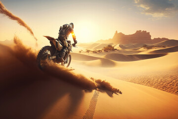 Sand landscape, motorbike or man on moto cross in desert space for sport workout, sunset ride or exercise on hill. AI Generation