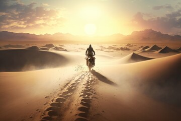 Fototapeta na wymiar Sand landscape, motorbike or man on moto cross in desert space for sport workout, sunset ride or exercise on hill. AI Generation