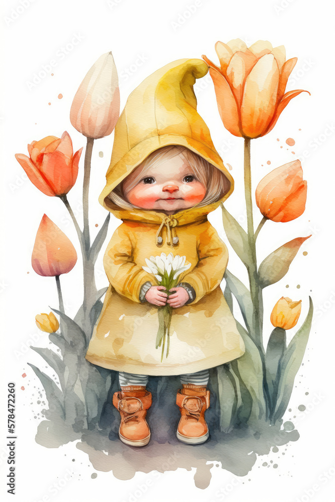 Sticker Baby gnome girl with tulips isolated on white, watercolor Generative AI illustration - Stickers