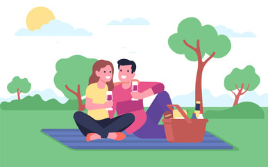 Obraz na płótnie Canvas Happy couple went to countryside for picnic. Young people having dinner in nature. Romantic dating. Man and woman relaxing together in park. Persons sitting on blanket. Vector concept