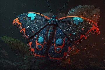 Fototapeta na wymiar a mythical fantasy butterfly with cyan color and orange glow scenery 