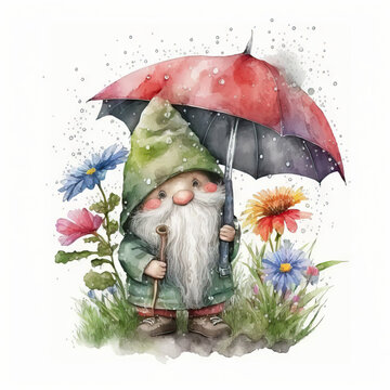 recommend clip art: Garden gnome under umbrella, gnome under rain in spring flowers Generative AI illustration