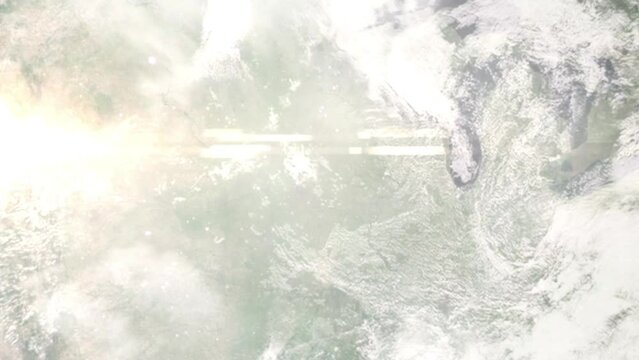 Earth zoom in from outer space to city. Zooming on Ames, Iowa, USA. The animation continues by zoom out through clouds and atmosphere into space. Images from NASA