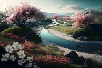 beautiful aesthetic sakura blooming and trees near the river landscape