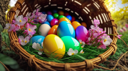 Fototapeta na wymiar Easter basket with eggs - Colorful - Illustration - AI technology