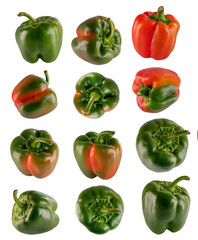 set of green peppers and red peppers on a white isolated background.