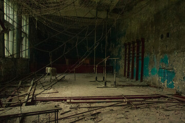Chernobyl Exclusion Zone, Gym in abandoned school of soviet ghost town Chernobyl-2 near Duga radar...