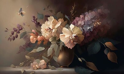  a painting of flowers in a vase with a butterfly flying by.  generative ai