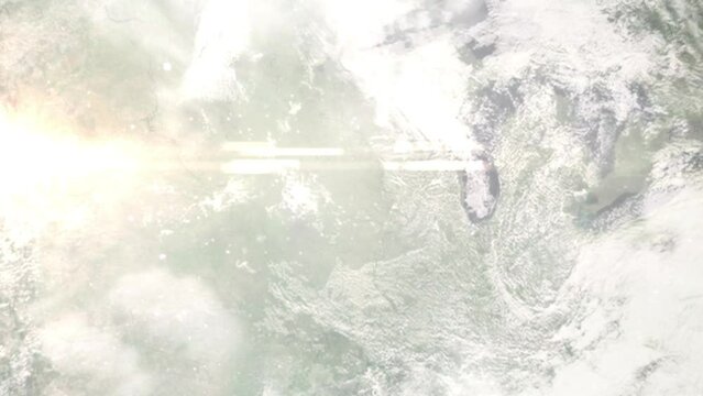 Earth zoom in from outer space to city. Zooming on Waterloo, Iowa, USA. The animation continues by zoom out through clouds and atmosphere into space. Images from NASA