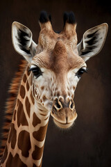 Portrait of a giraffe on a dark background. Ai generated illustration